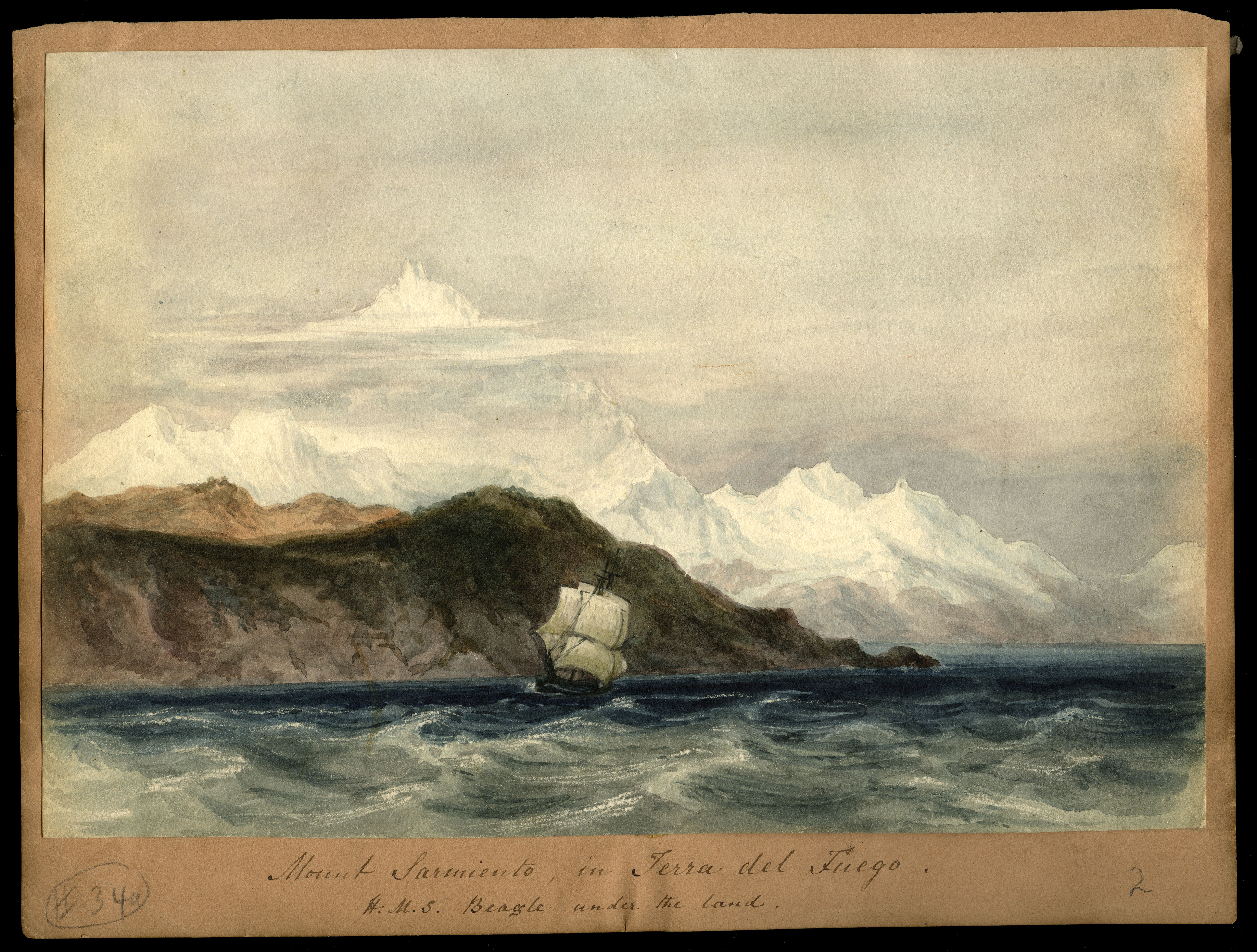 H.M.S. Beagle, "Mount Sarmiento in Terra del Fuego," watercolor by Conrad Martens, ca.1832. (MSS 3314. Paul Victorius Evolution Collection. Image by U.Va. Library Digitization Services.)