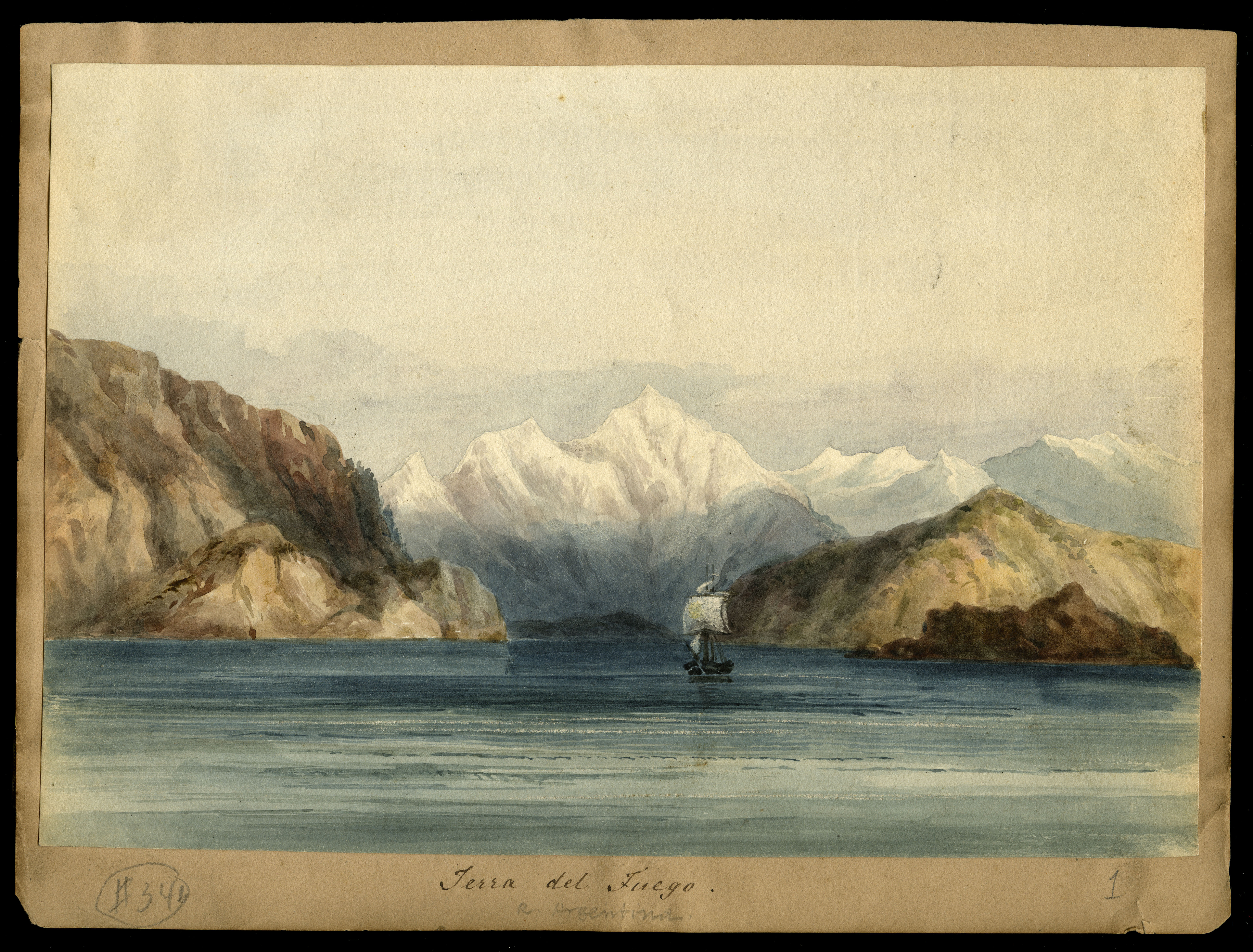 H.M.S. Beagle, "Terra del Fuego," watercolor by Conrad Martens, ca.1832. (MSS 3314. Paul Victorius Evolution Collection. Image by U.Va. Library Digitization Services.)