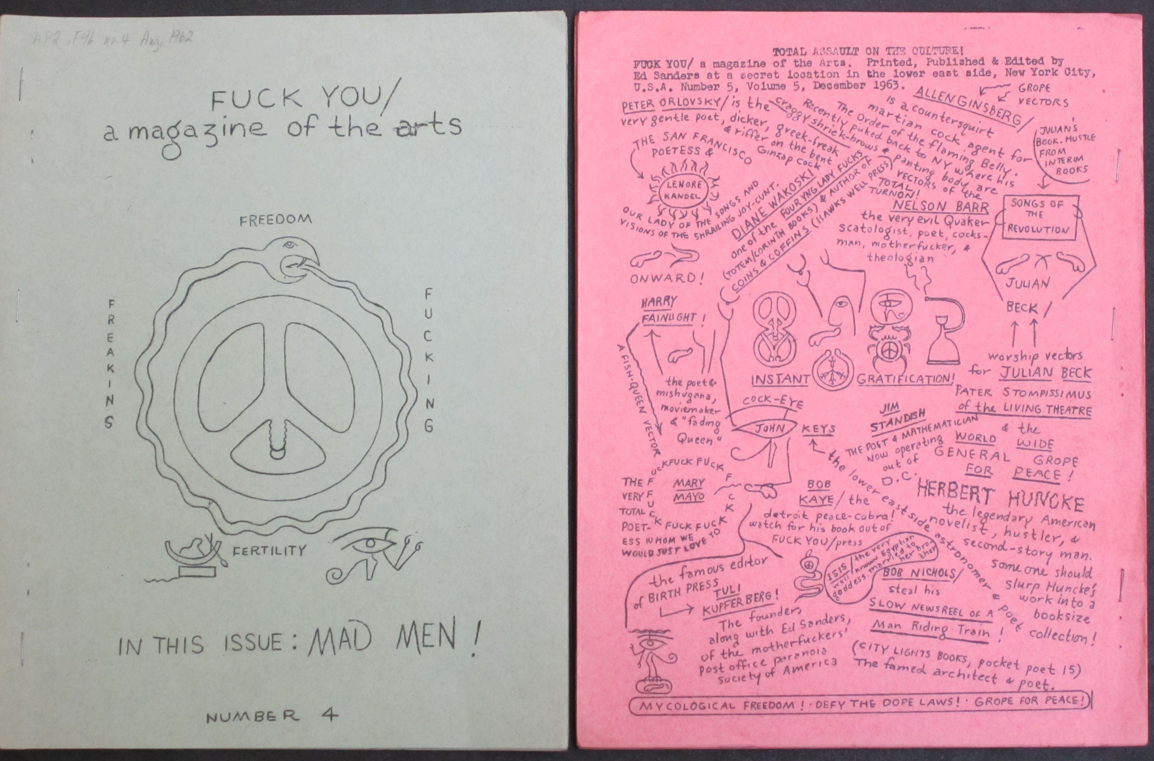 Front and back covers of Fuck You: A Magazine for the Arts, number 4 and number 5, respectively, 1963(AP2 .F96. Marvin Tatum Collection of Contemporary  Prose and Poetry. Photograph by Petrina Jackson)