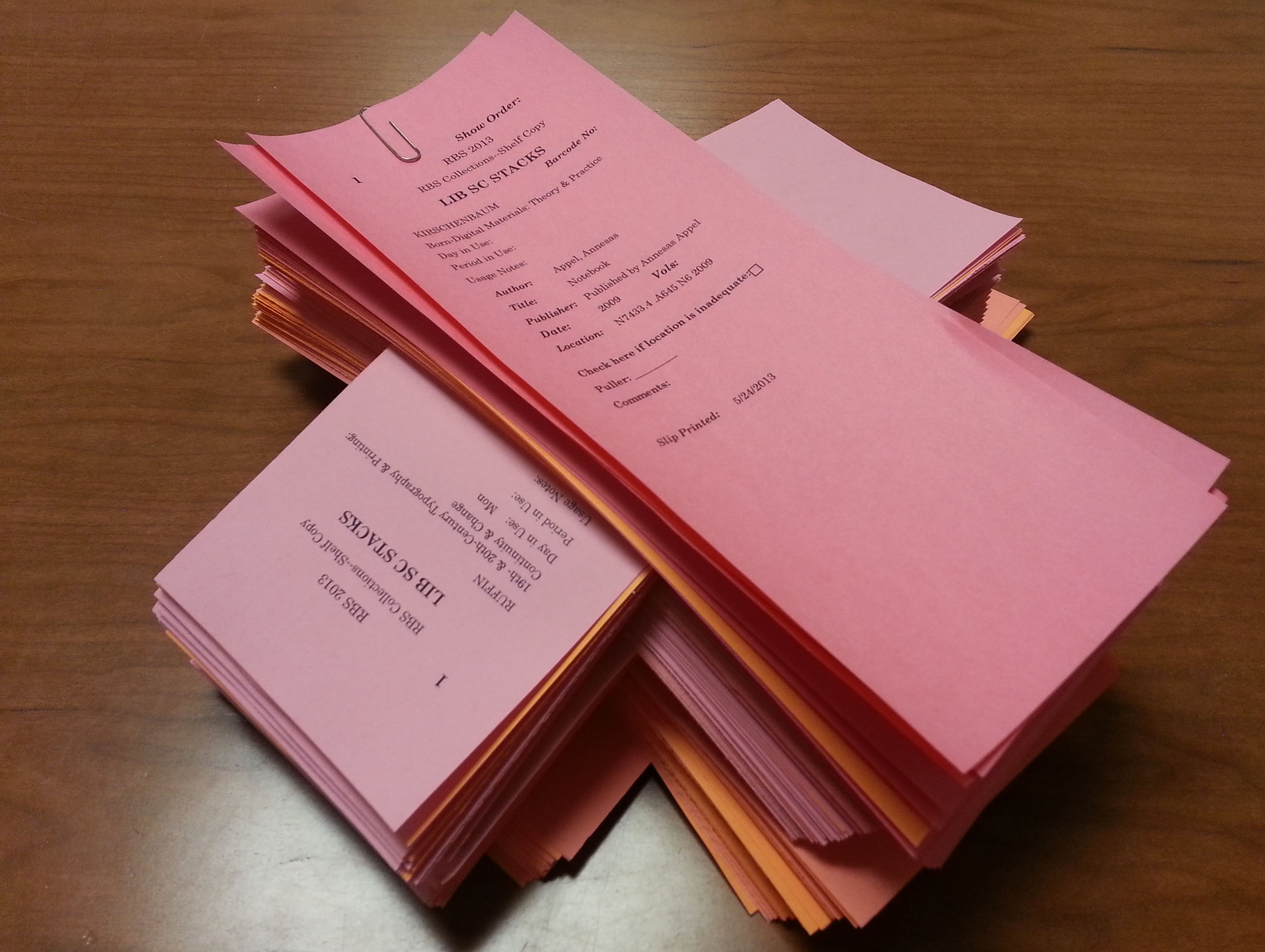 Week one slips for each Special Collections book pulled for Rare Book School. 