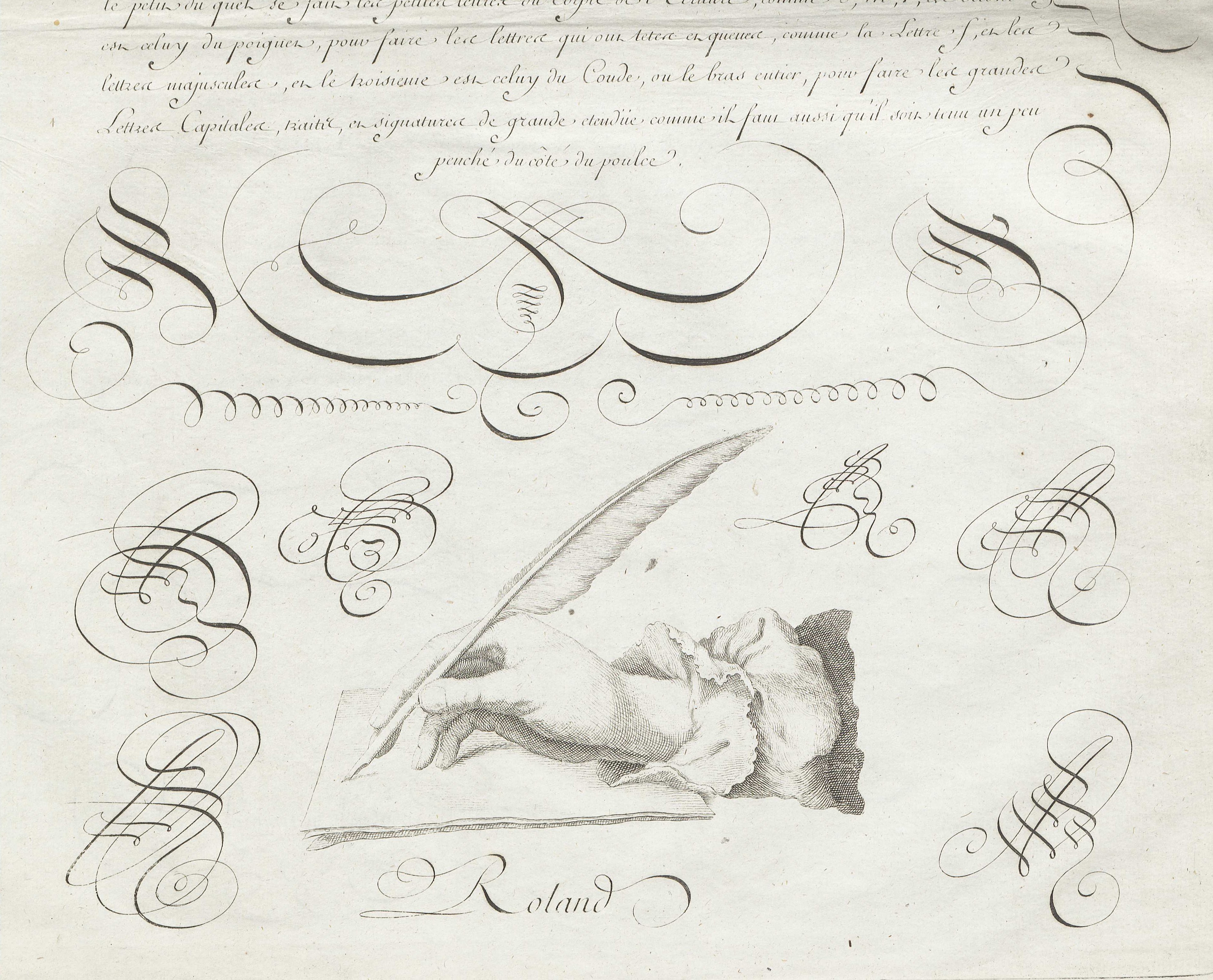 A detail from one of the massive (53 x 36 cm.) engraved plates in André François Roland, Le grand art d’ecrire. (Paris: Chez Esnauts et Rapilly, [between 1777 and 1791]
