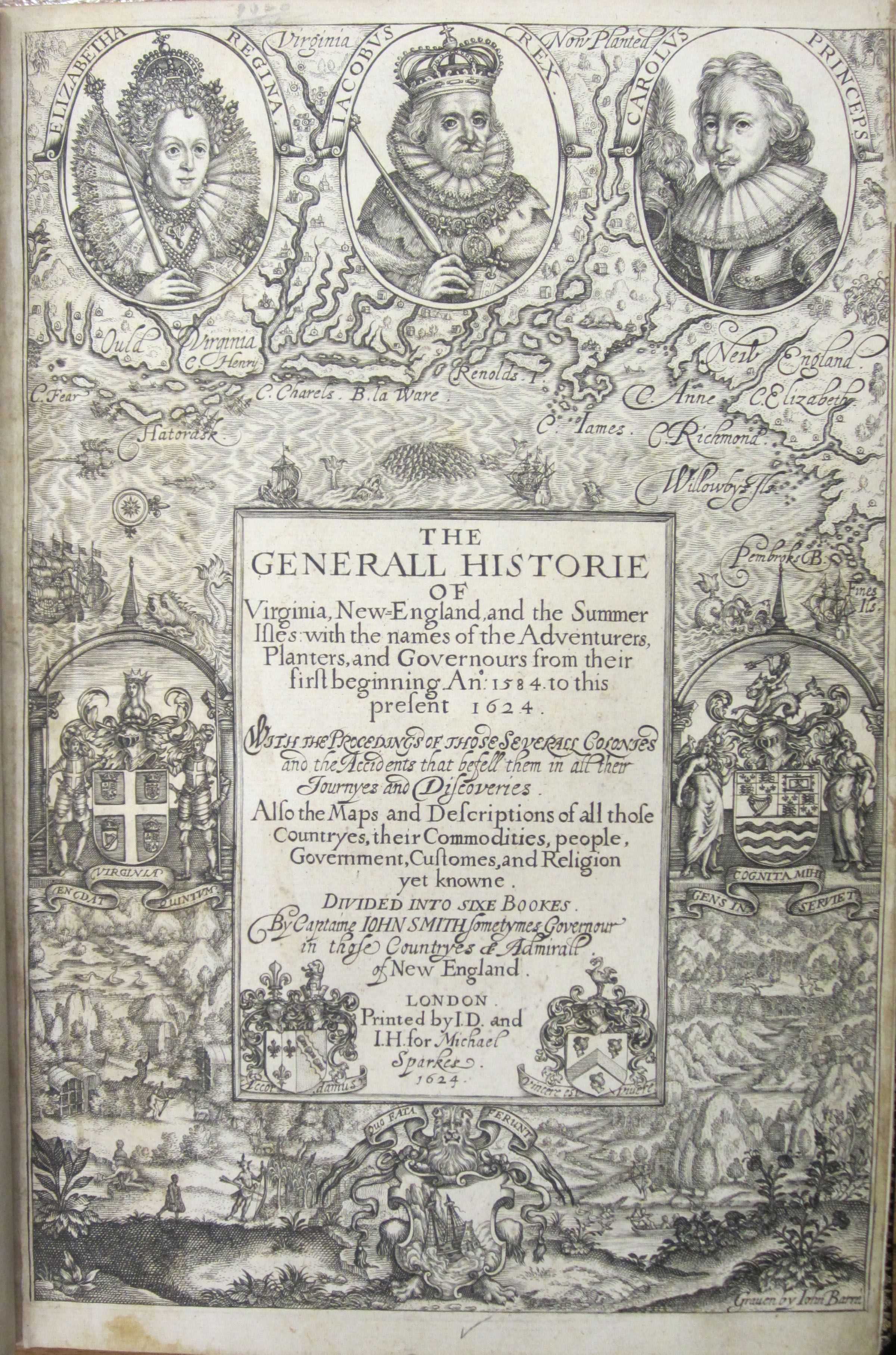 Title page of The Generall Historie of Virginia, New England, and the Summer Isles by John Smith, 1624. (A 1624 .S55. Tracy W. McGregor Library of American History. Photograph by Petrina Jackson)