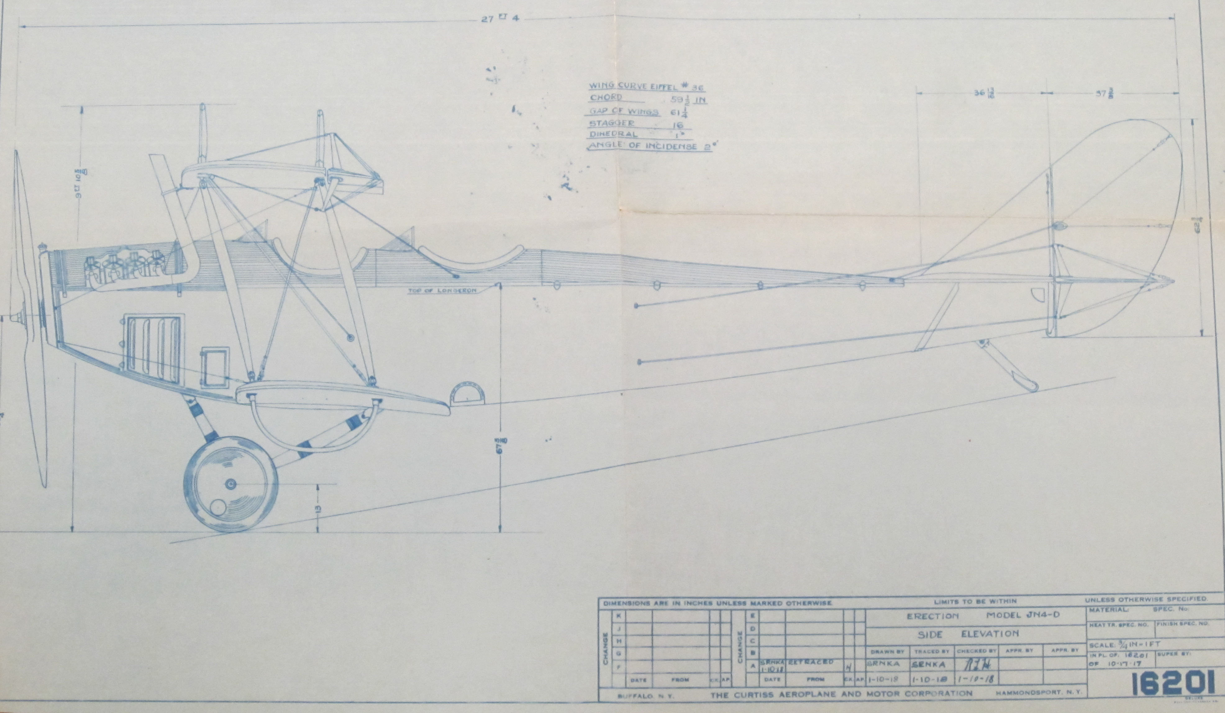 Blueprint of the side elevation for the model J-N-4-D airplane, built by the Curtiss Aeroplane Company of Hammondsport, N.Y., later the Curtiss Aeroplane and Motor Company, 1917-1918. (MSS 10875-bv. Photograph by Petrina Jackson)