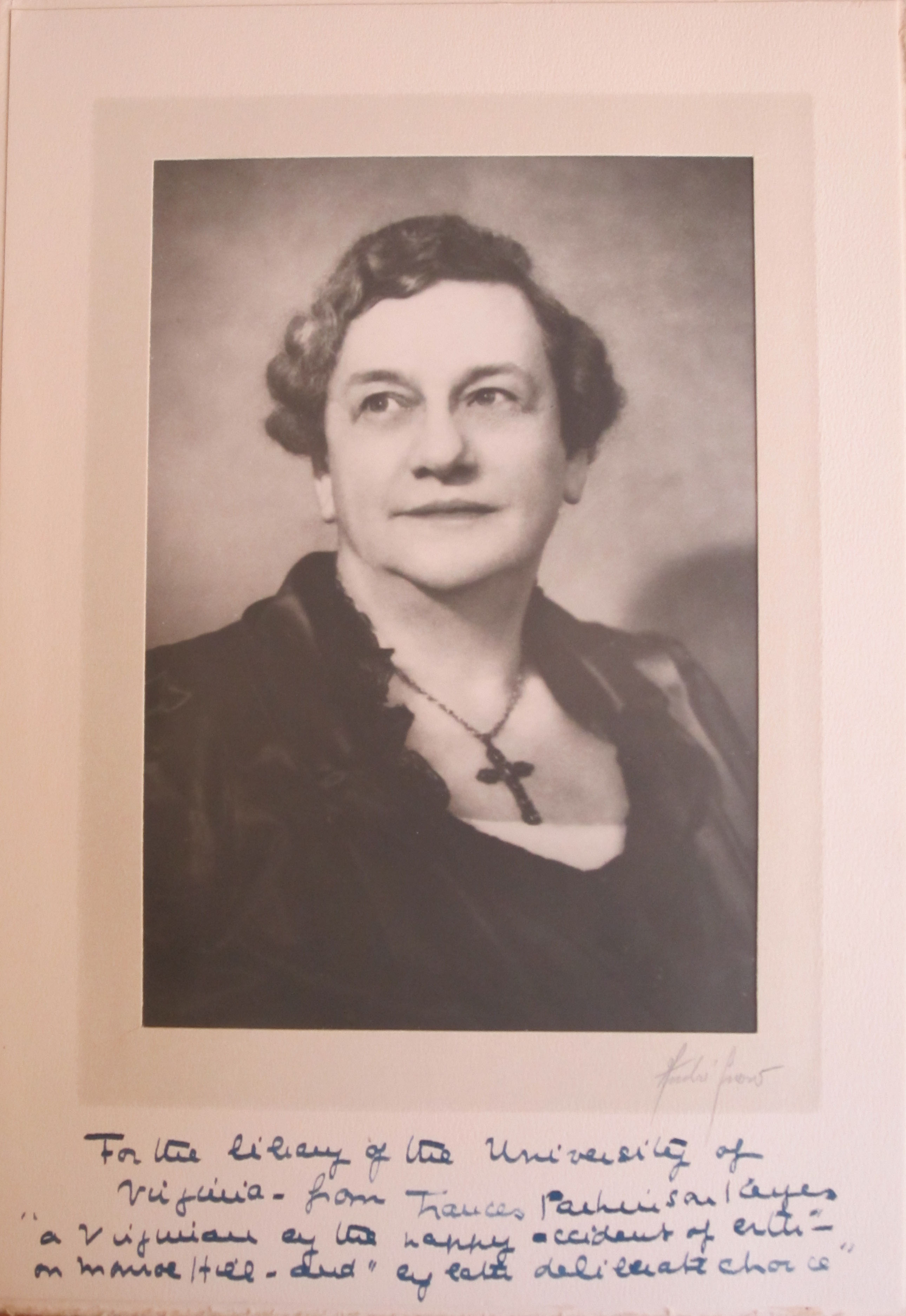 Photograph of Frances Parkinson Keyes inscribed to U.Va. Library.  (MSS 3923. Gift of Frances Parkinson Keyes. Photograph by Petrina Jackson)