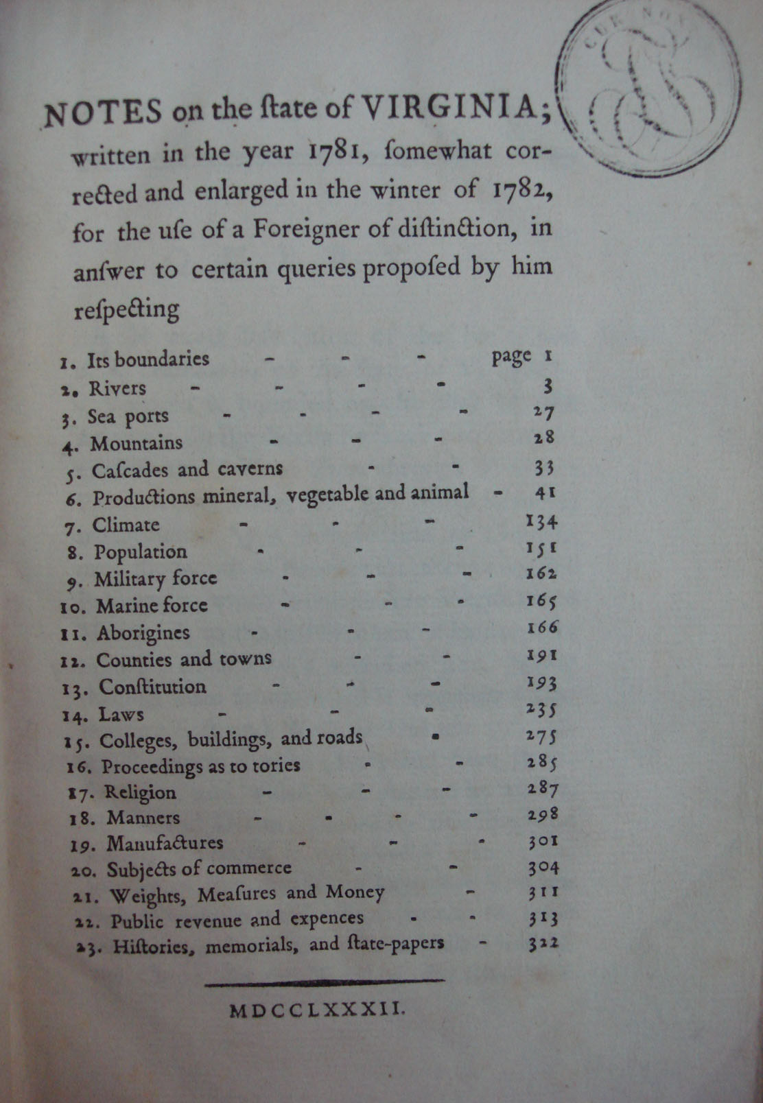 Table of contents of Jefferson's Notes on the State of Virginia, 1785.  This copy belonged to the Marquis de Lafayette. (F230 .J4 1785. Photograph by Donna Stapley). 