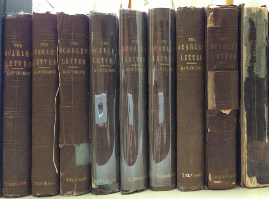 Existing holdings in early printings of the novel accompanied by the two books that will soon join them on our shelves.The dull brown covers were, in their day, a mark of great prestige, since they were the signature of the highly regarded publishers  Ticknor and Fields.
