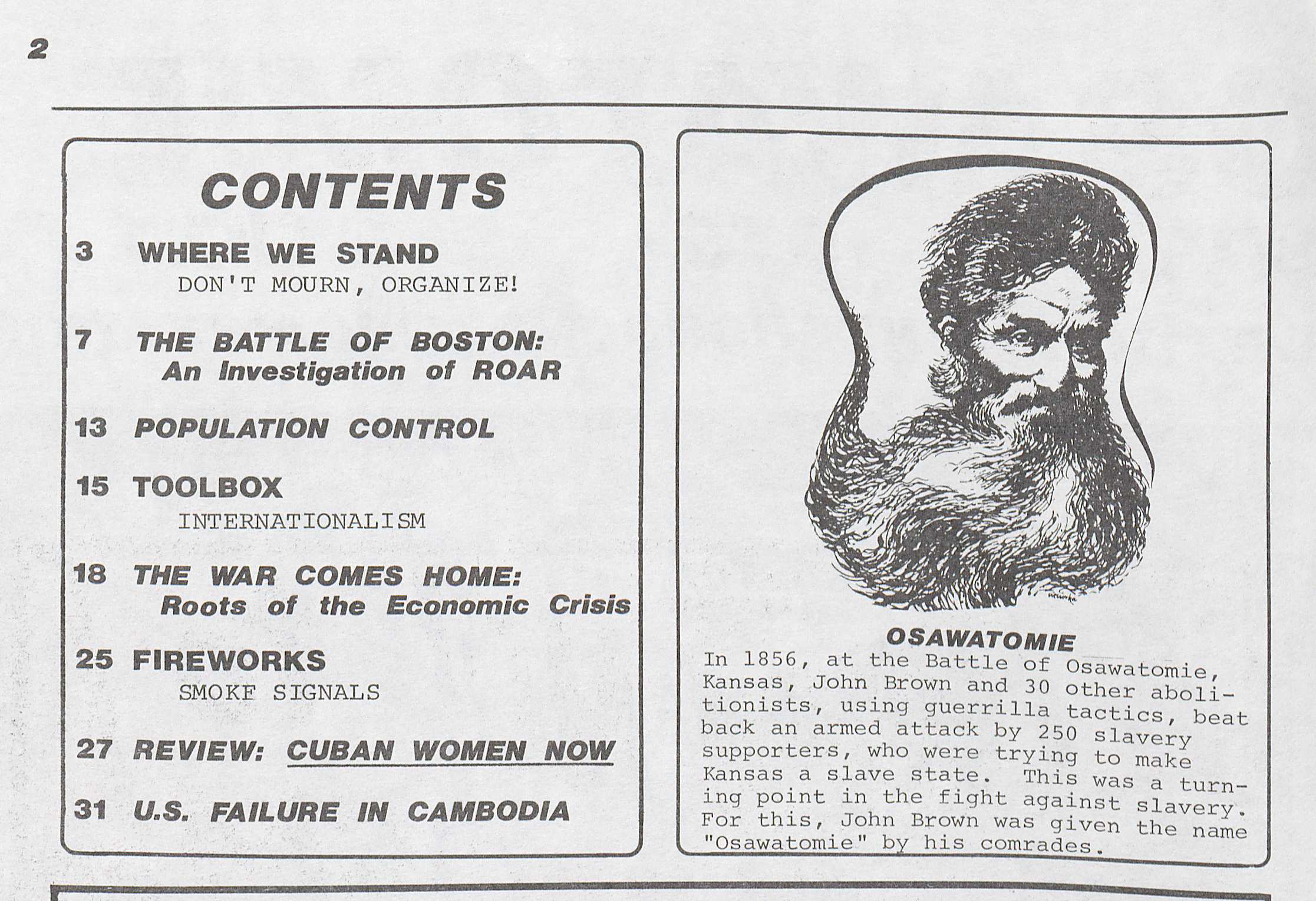 Table of Contents of The Weather Underground Organization's magazine Osawatomie, no. 1, 1975.