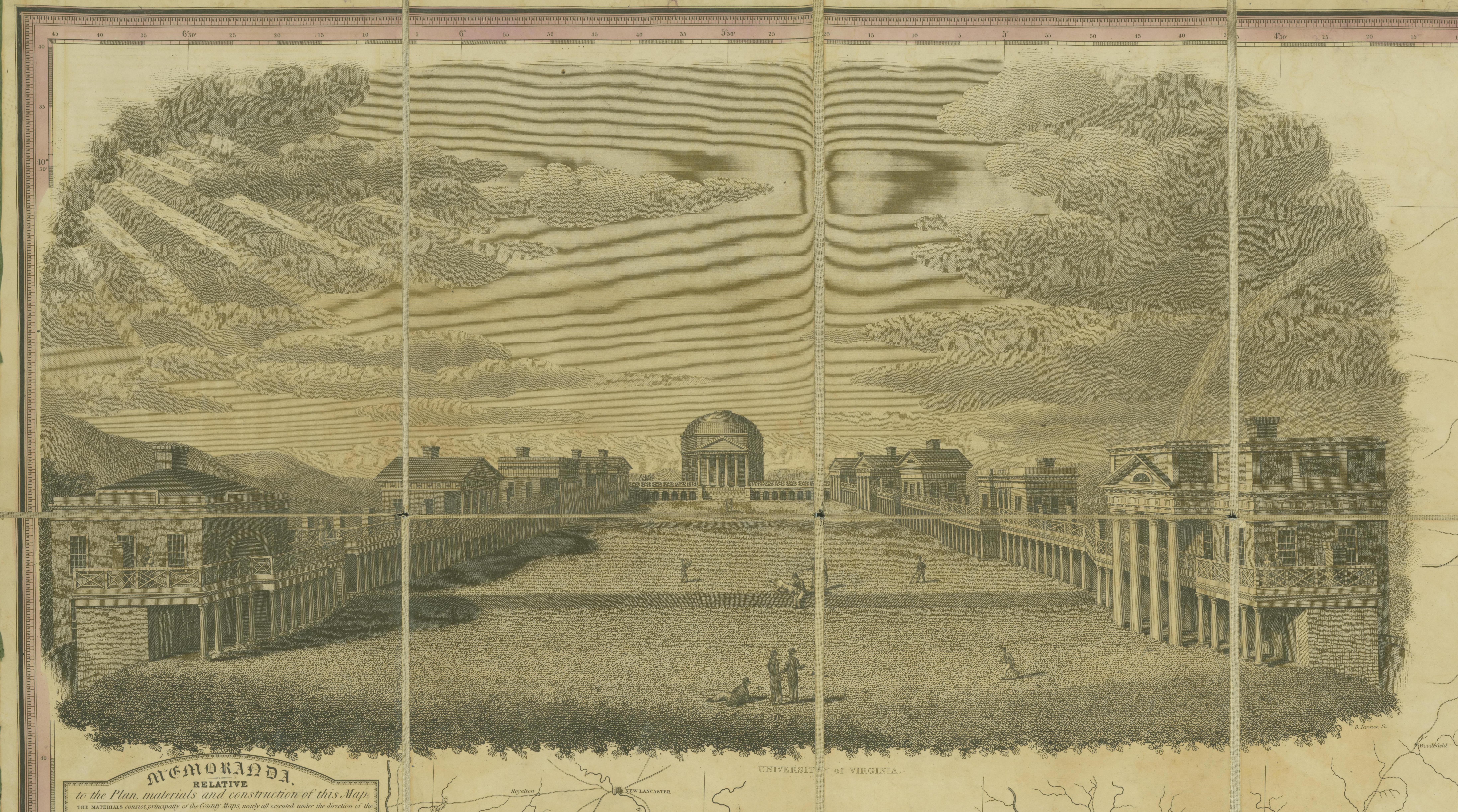 Benjamin Tanner's 1826 engraved view of the newly opened University of Virginia.