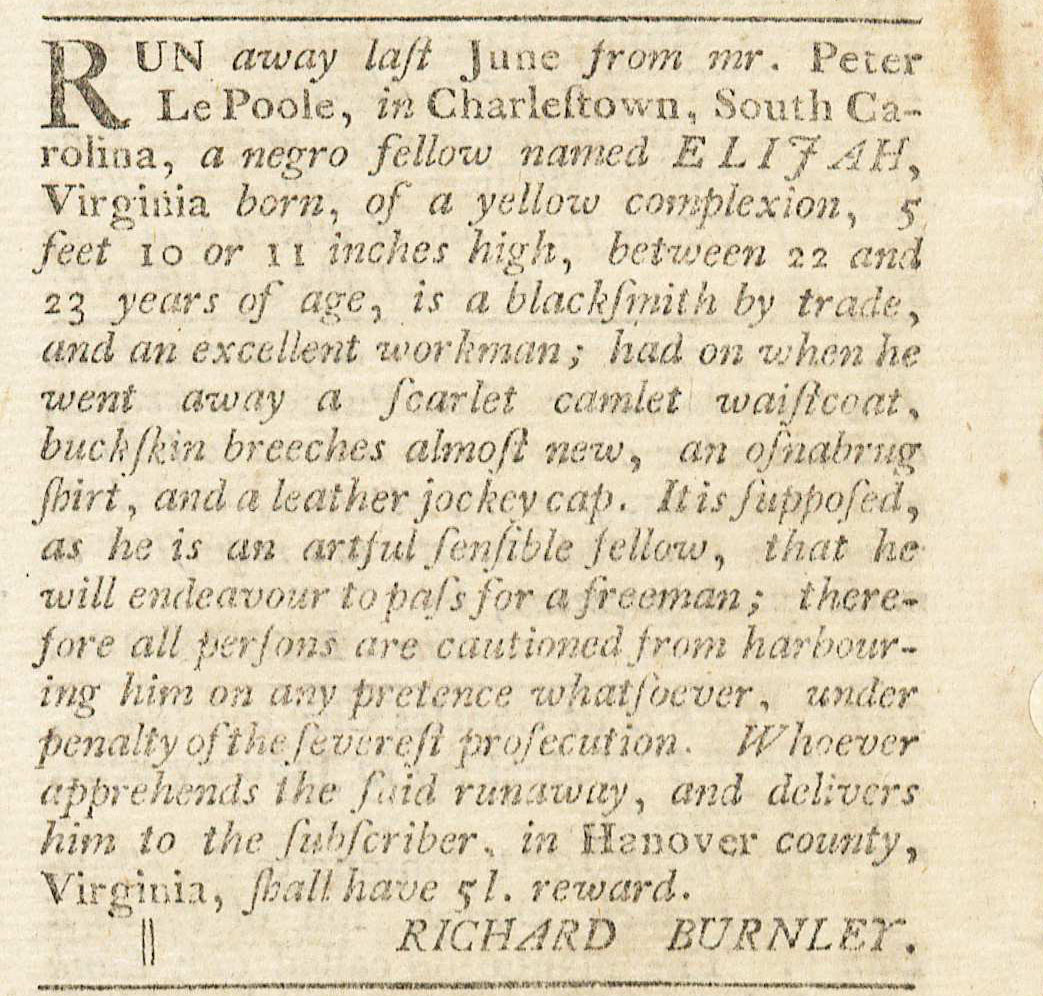 Runaway advertisement from the the Virginia Gazette, November 29, 1776. (Virginia Gazette. Image by Petrina Jackson)