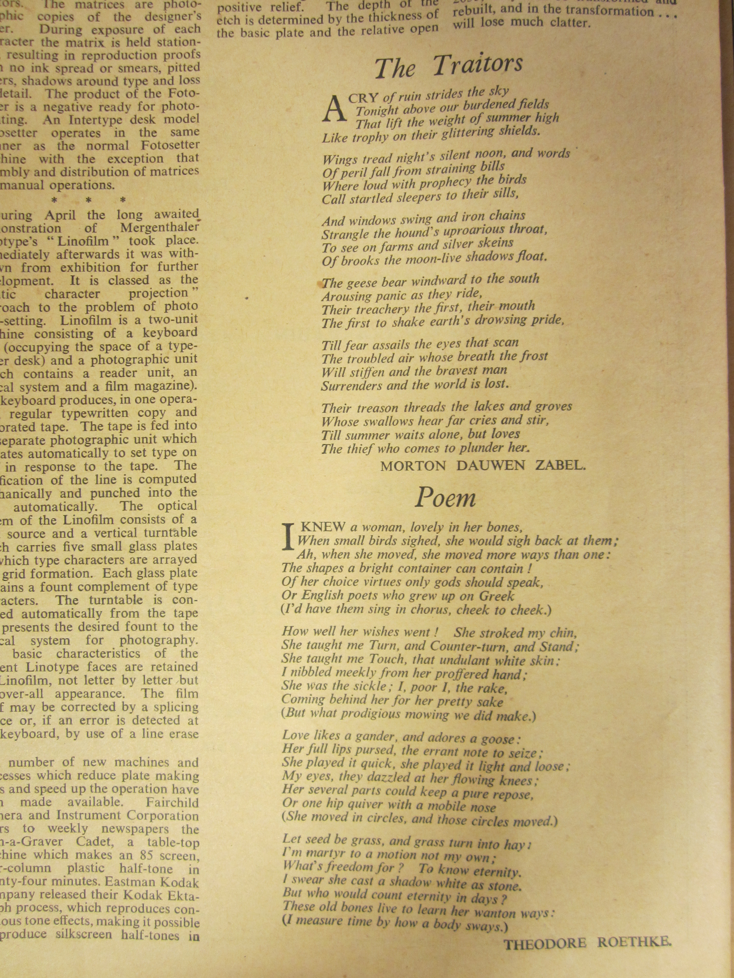 His poem “The Traitors” appearing in The Times Literary Supplement on American writing (PS221 .T5 1954. Photograph by Donna Stapley)