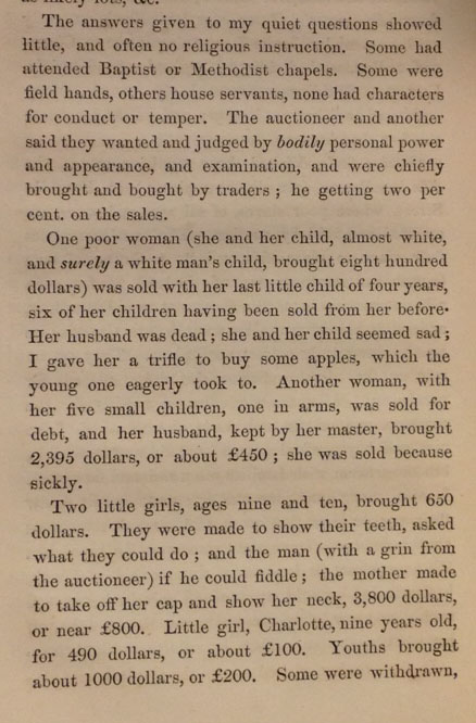 Robert A. Slaney's account of a Richmond, Va. slave auction, from his Short journal of a visit to Canada and the states of America, in 1860 (London, 1861)   (A 1861 .S53)