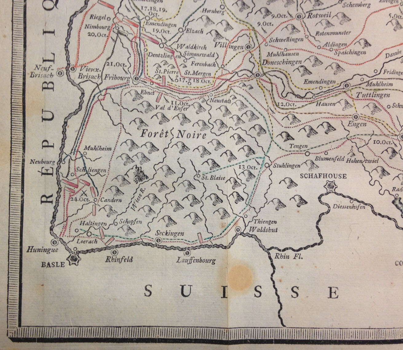 A detail showing the special symbols used to denote towns of various sizes, mountainous areas, rivers, roads &c. Note especially the tiny gaps (printing as white lines) between, e.g. the types used to set the meandering rivers.