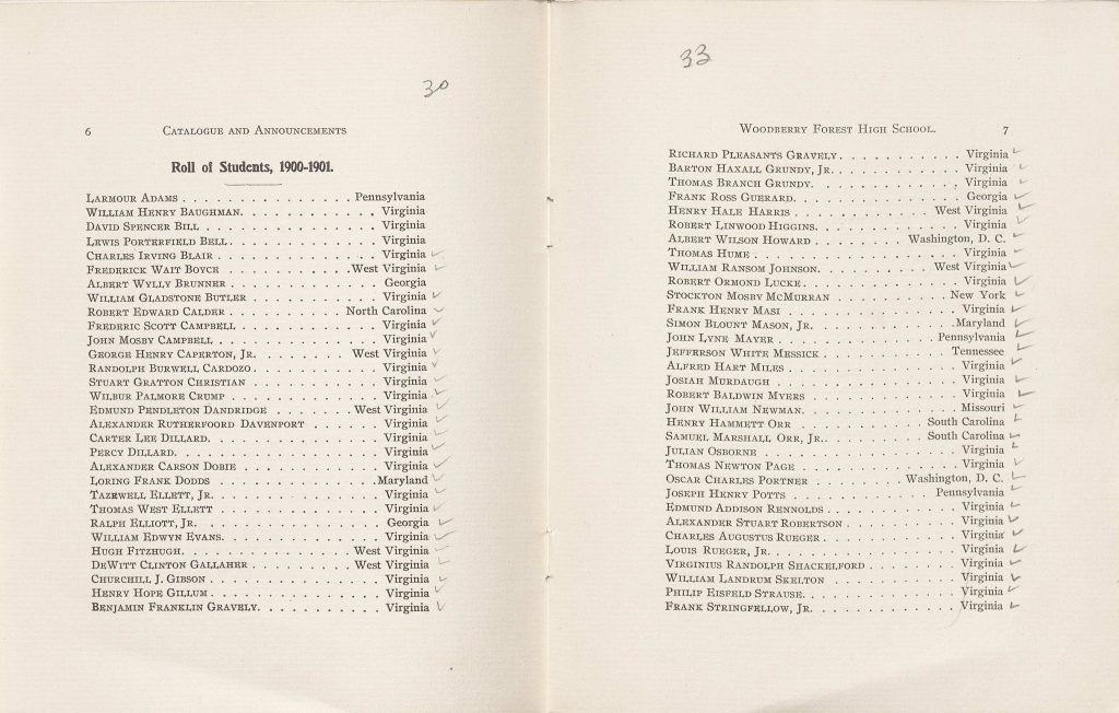Woodberry Forest, “Catalogue of Woodberry Forest,” (Woodberry Forest, VA: Woodberry Forest School, 1901) (LD7501.W6 W62). Gift of Shelah Kane Scott This catalogue was the main source of information in regards to attending the school in 1901. The catalogue listed the students and the prefects of the current classes. It also laid out the terms necessary to graduate including the classes one should take, the cost of education, and the objects that one needed to bring to school with him.