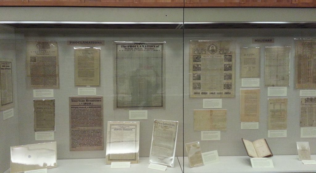 One case of the exhibition American Broadsides to 1860. Photograph by Petrina Jackson.