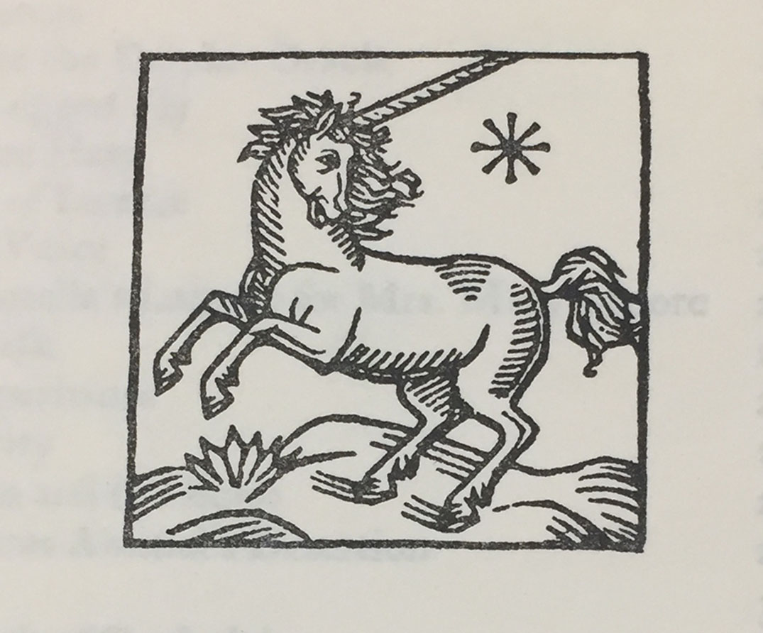 Another unicorn image, from W. B. Yeats, Last Poems and Two Plays (Dublin: Cuala Press, 1939) (PR5900 .A3 1939)