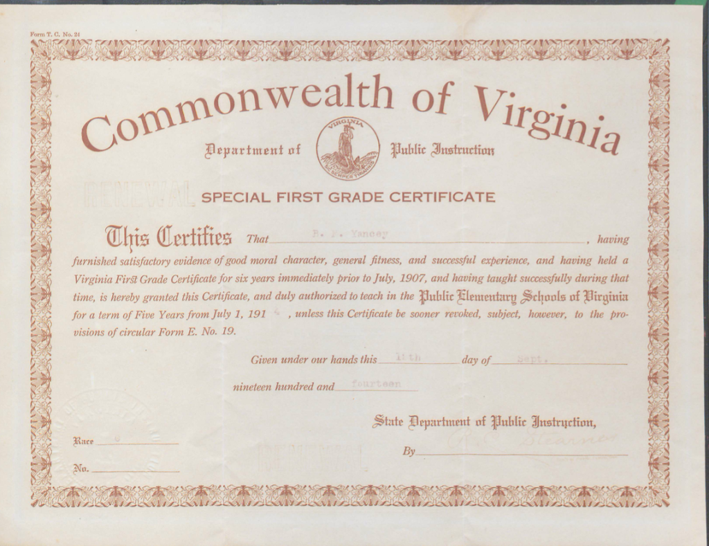 Benjamin F. Yancey’s 1914 Virginia Teaching Certificate