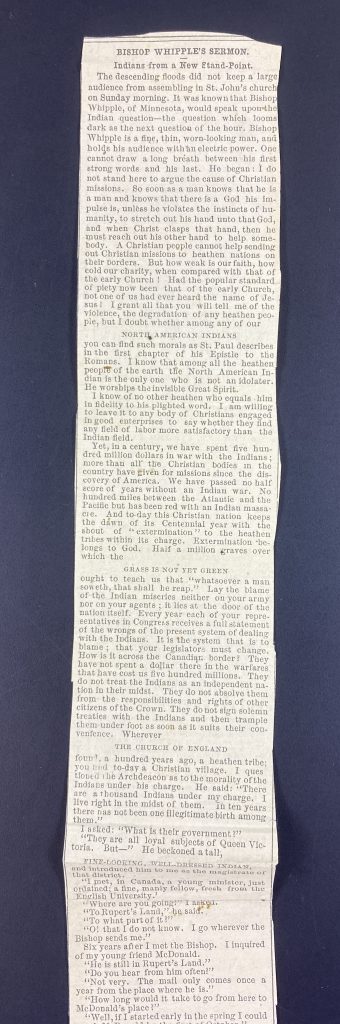 Newspaper clipping with sermon by Bishop Whipple in 1876 (unidentified newspaper) 