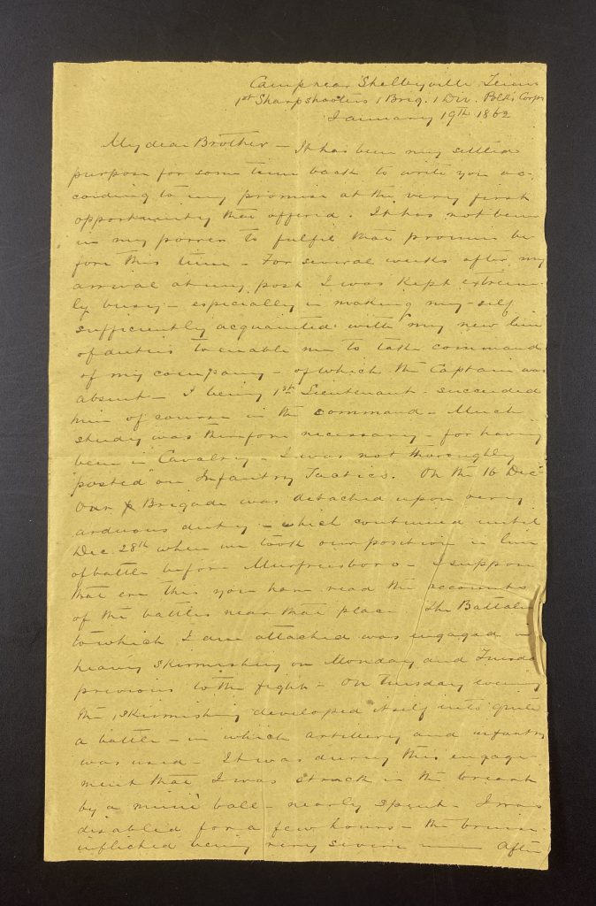 Letter from Lieutenant William Mead describing the Battle of Murfreesboro where he was injured. (January 19, 1862) 