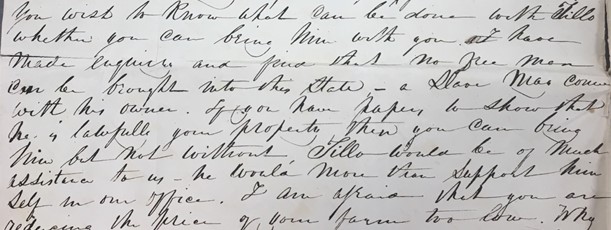 Letter from Zachariah Mead to his mother-in-law Nancy Ann Binney Hickman explaining that if she moves to Virginia from Massachusetts that she will need to have legal papers to bring Tillo with her. (August 24, 1838)