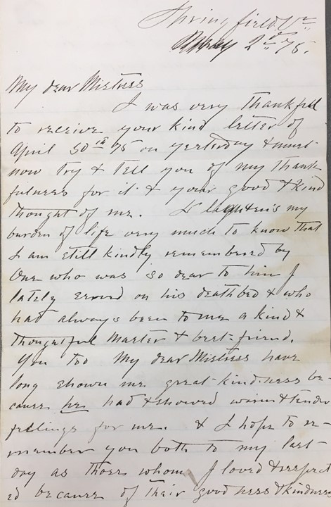 Letter from William, who drove the carriage for Mr. Chalmers, to Anna Maria Mead Chalmers after Mr. Chalmers’s death. May 2, [1875]