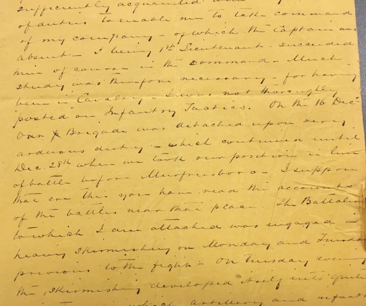 Letter from Lieutenant William Mead describing the Battle of Murfreesboro where he was injured. (January 19, 1862)