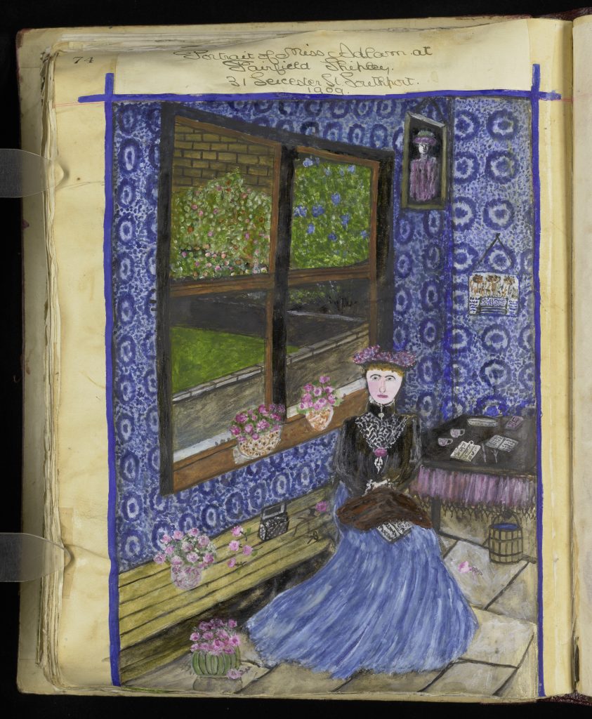 Drawing of Miss Adlam sitting by the window in a house called Fairfield Shipley.