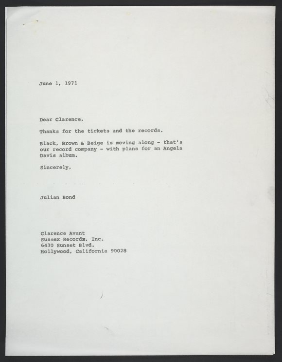 Typewritten letter from Julian Bond to Clarence Avant about starting Julian's music record label 