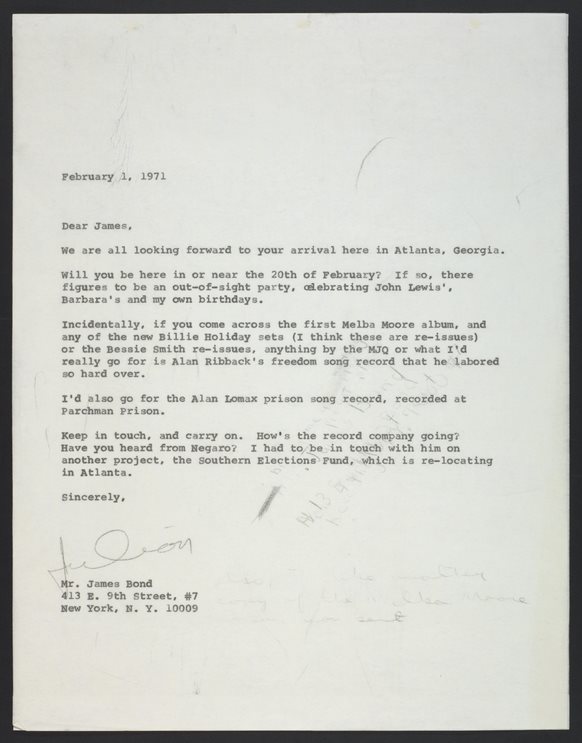 Typewritten letter from Julian Bond letter to his brother James about Black music.