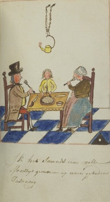 Illustration of three people sitting at table, eating. 
