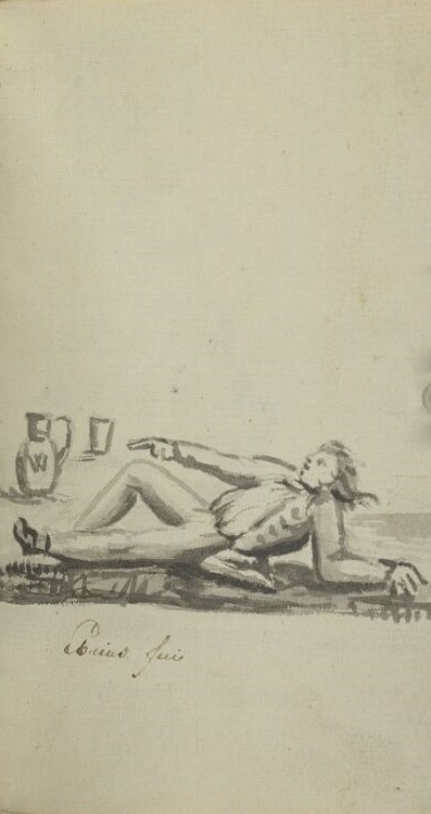 Graphite sketch of figure reclining but reaching for a pitcher and cup. 