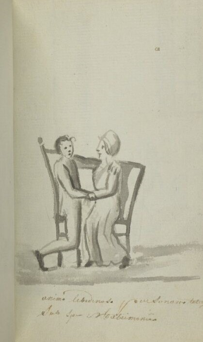 Sketch of two figures sitting and holding hands. 