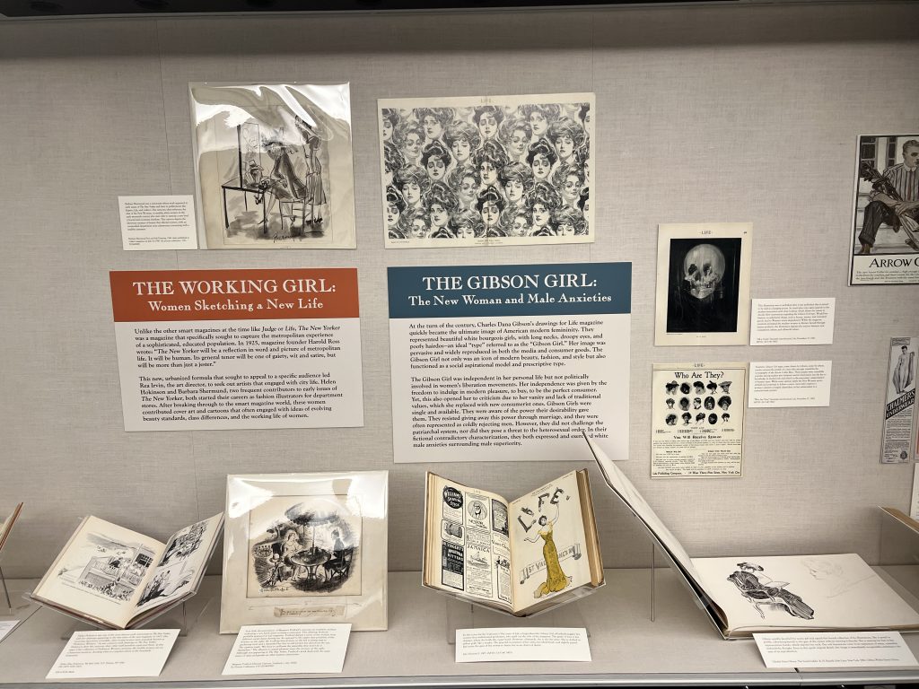 Photo of installations of archival materials exploring women's role in both their work and as decoration through the lens of the Gibson Girl—featuring sketches, magazine covers, and magazine illustrations. 