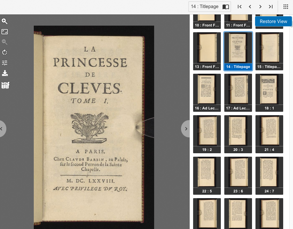 A screenshot of the digital scanning of La Princesse de Cleves v. 1 title page