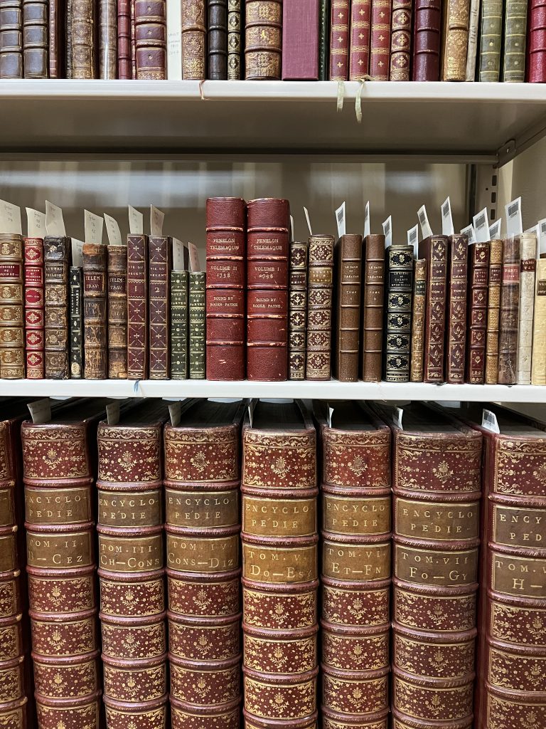 Three shelves of rare books stored in the Vault of Special Collections