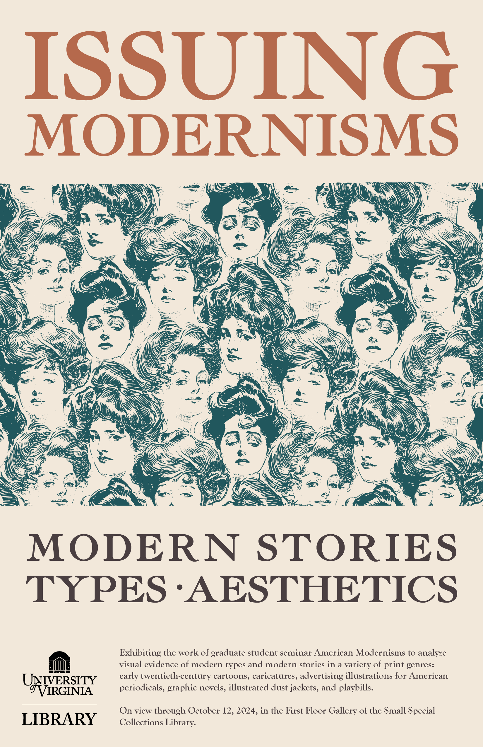 Poster for Issuing Modernisms: Modern Stories, Types, Aesthetics featuring a repeating design of Gibson Girl caricatures