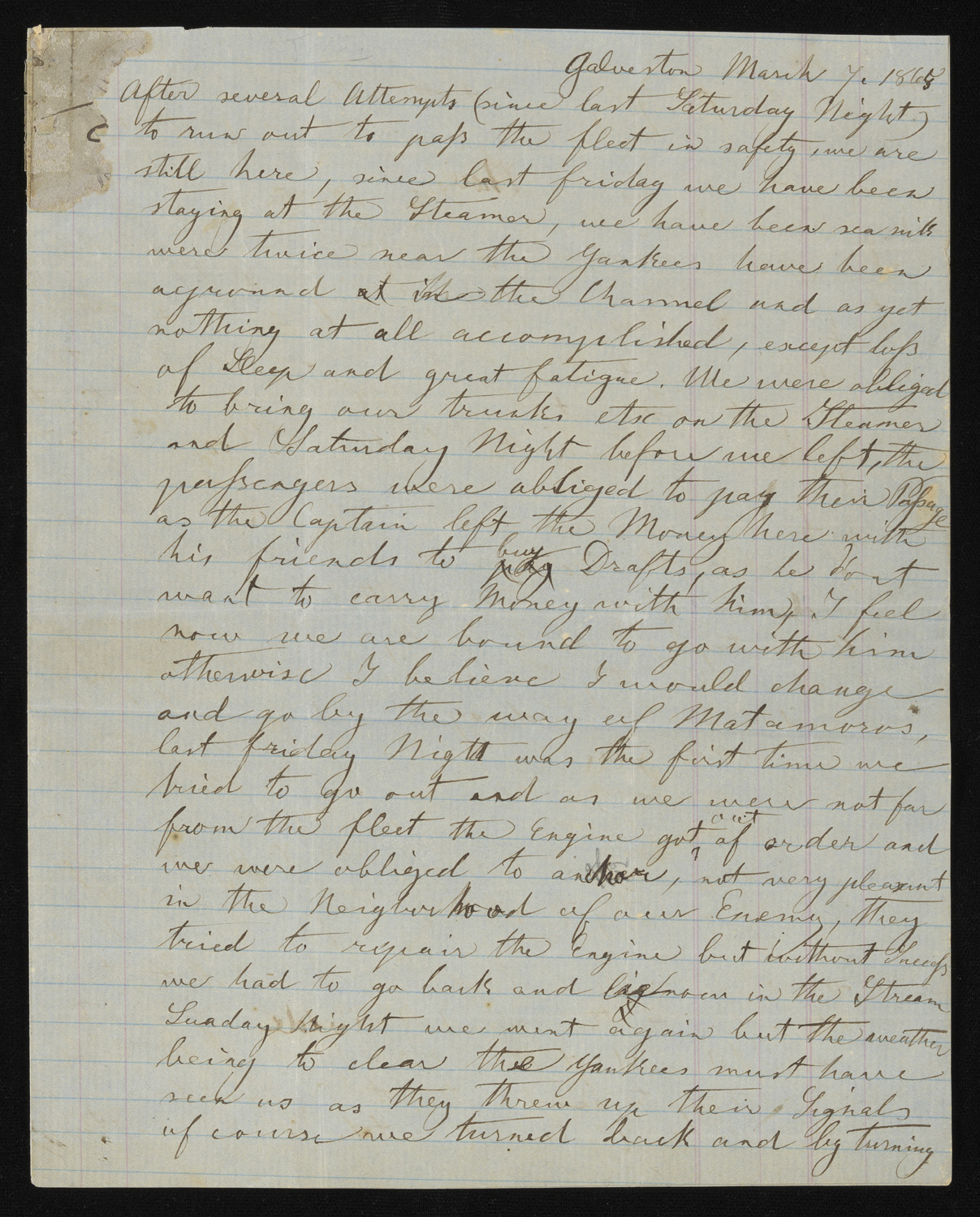 First page of a handwritten letter in cursive from "Isabella" to her unidentified husband, March 7, 1865. 