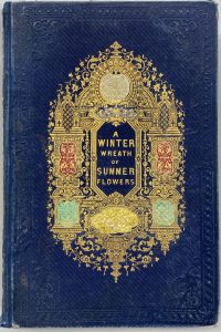 Cover of a book entitled "A Winter Wreath of Summer Flowers" with gold floral and architectural decorations and bright red and green highlights.