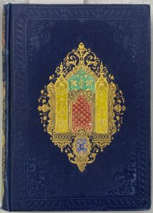 Cover of a book with gold floral and architectural decorations and bright red, green, and blue highlights.