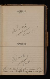 March 17 and 18 diary entries with “Work[,] school[,] dull" written for each day.