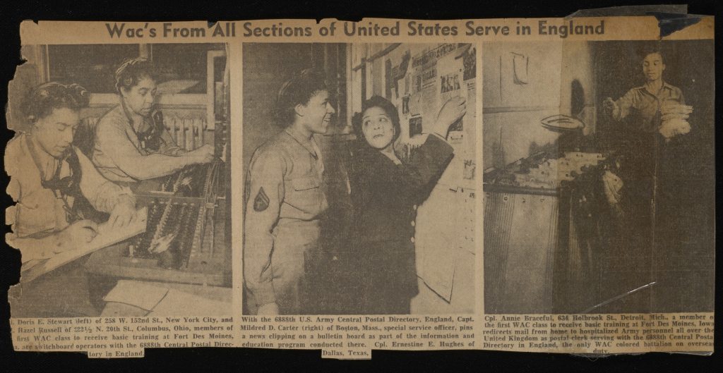 Newspaper clipping with two photos of the 6888th Battalion, shown working as switchboard operators and interacting with a bulletin board.