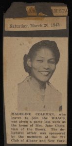 March 20, 1943, newspaper clipping describing a party to send off Madeleine Coleman to join the WAACS and featuring a photo of Coleman, an African American woman.