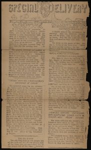 One page of a newsletter entitled “Special Delivery” featuring an illustration of an overflowing mail bag in its header. 