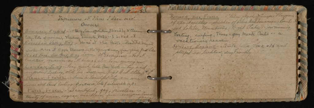 Notebook open to a spread: "Impressions of Places I Have Seen Overseas."