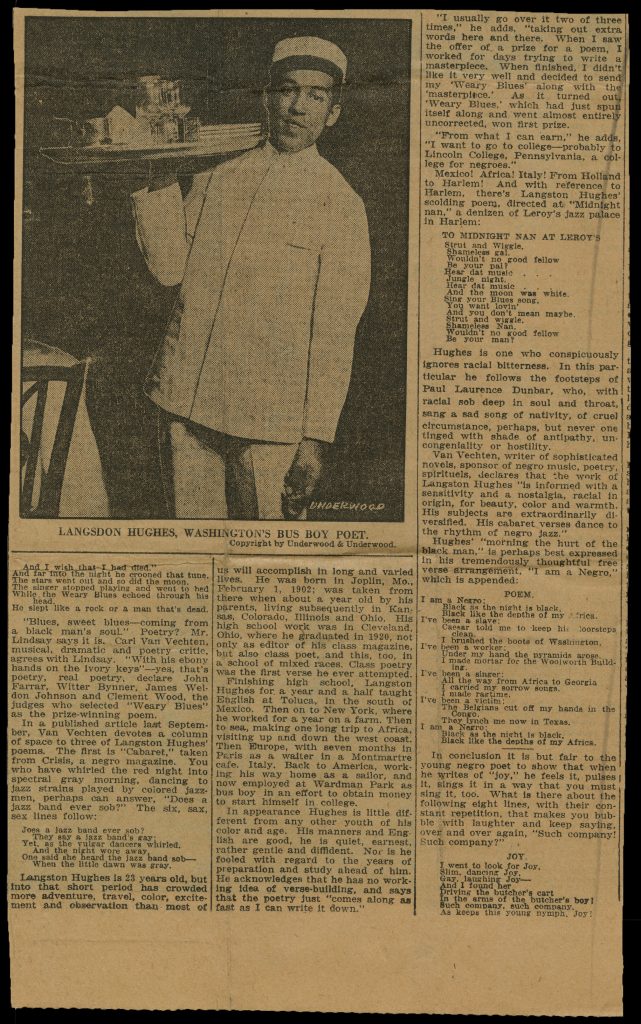 News page clipping featuring photo captioned "Langston Hughes, Washington's Bus Boy Poet"