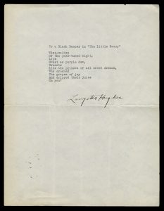 Typed copy of poem signed by Langston Hughes