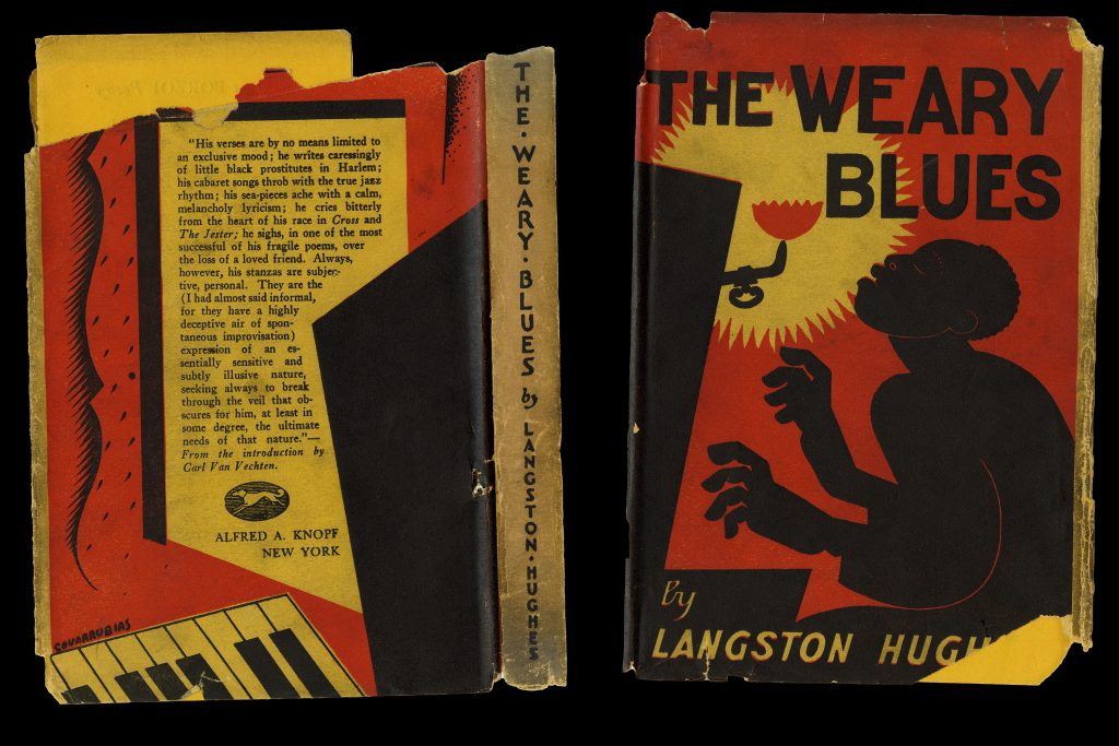 Dust jacket for The Weary Blues, featuring a person's silhouette against a bold red background looking at a mounted fixture emitting a circle of warm yellow light.