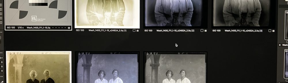 A screenshot from working with Capture One software showing a 4”x5” black-and-white film target (upper left corner) followed by photographs of two different plates in their original format featuring African American women, along with two different preservation versions. In total, there are three variations of each plate.