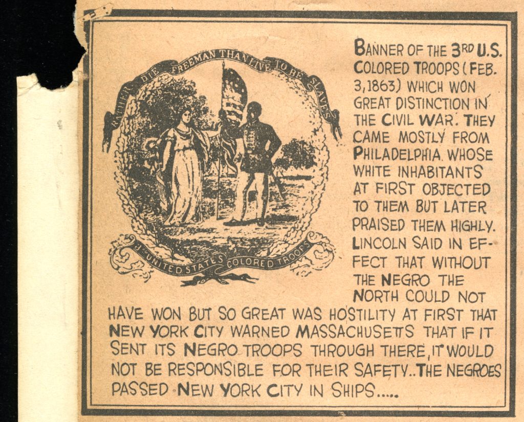 Aged news clipping pasted on paper featuring an insignia alongside text about the 3rd United States Colored Troops. Insignia features an American flag on a pole held together by a Black soldier and a white female figure with a bundle of arrows at her side. Banner text reads, ‘Rather die freeman than live to be slaves. 3rd United States Colored Troops.’