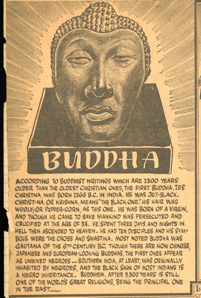 Aged news clipping pasted on paper featuring a large illustration of a bust of Buddha's head alongside text about Buddha