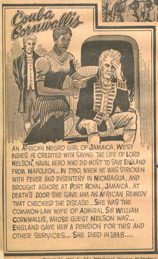 Aged news clipping pasted on paper featuring an illustration of Couba Cornwallis offering a goblet to a seated white man rubbing his forehead alongside text about Cornwallis